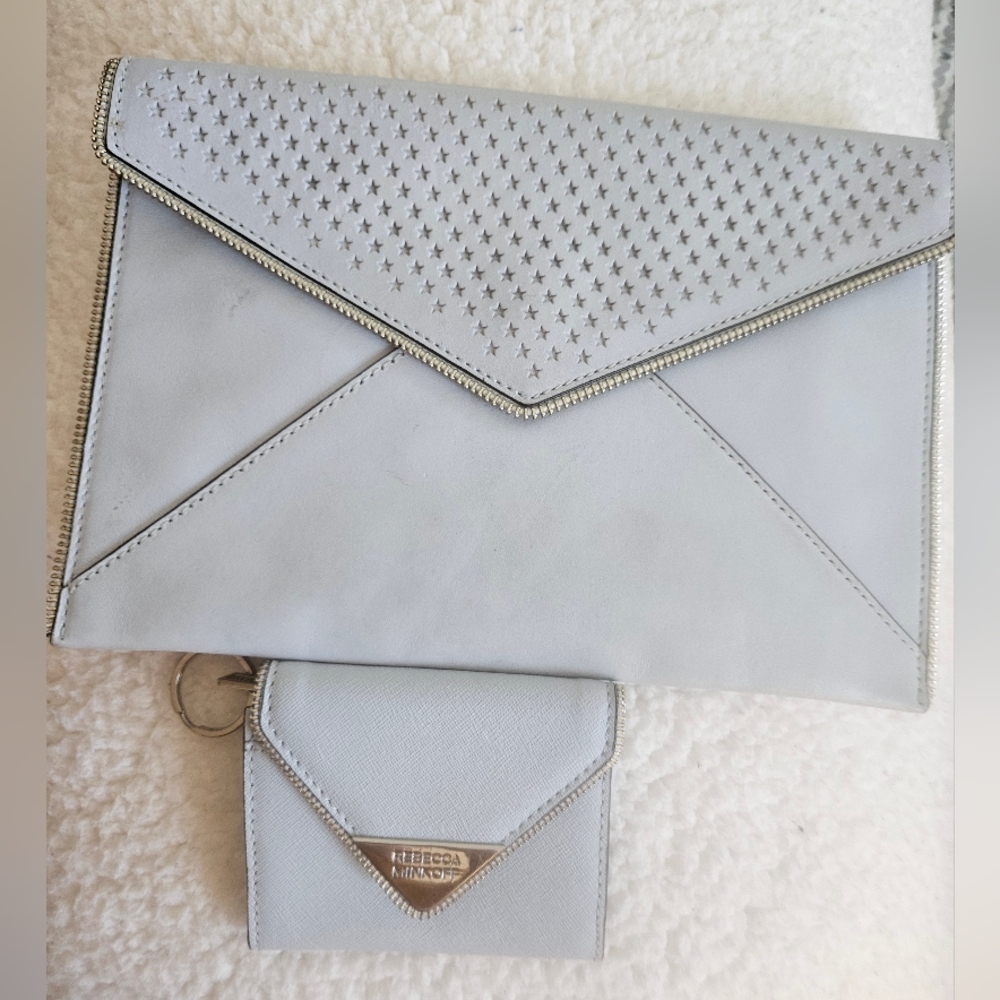 Rebecca Minkoff Grey leather clutch+ Matching mini wallet